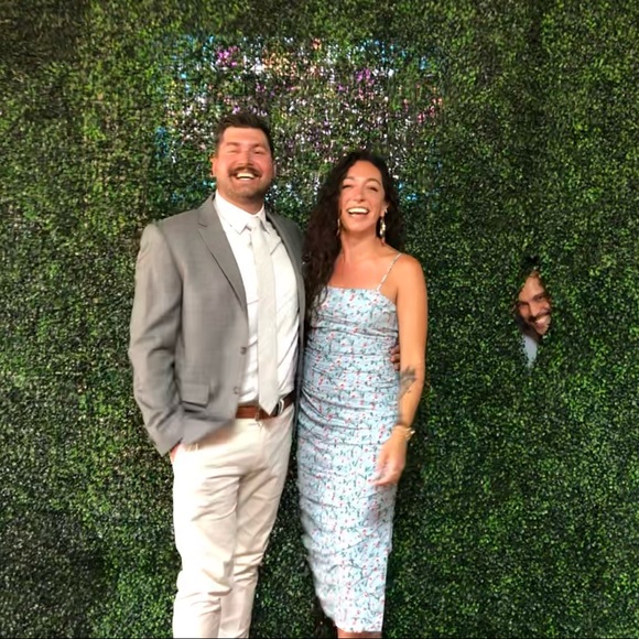 Bardot Ruched Floral Midi Light Blue Bodycon Dress Size 6 Medium - Picture 3 of 3